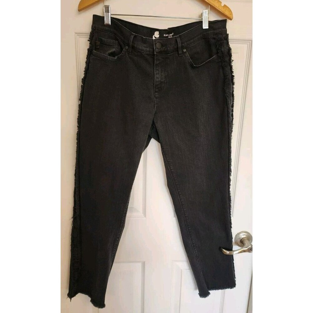 Karl Lagerfeld Paris Black‎ Fringe Side Trim Jean Pants With Frayed Hems Size 12